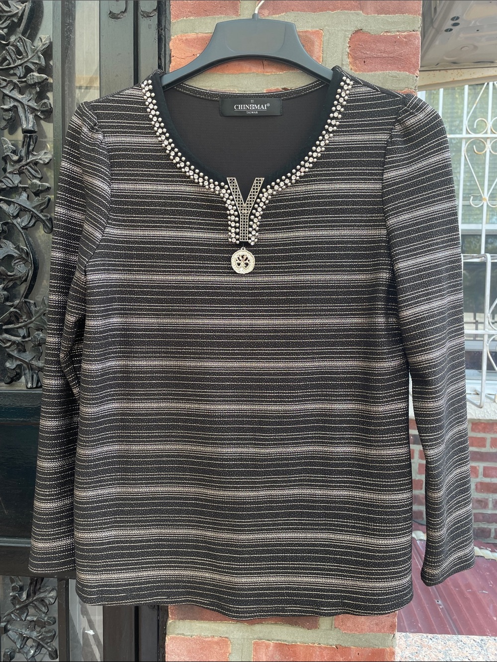 Black Striped Embellished V-Neck Long Sleeve Top